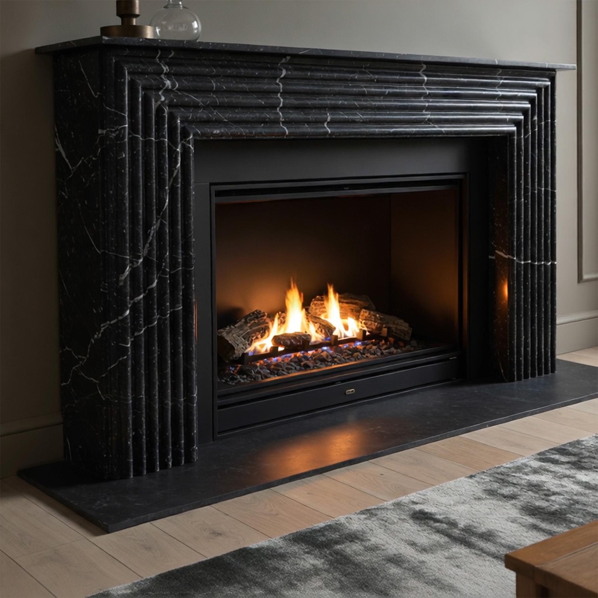 Sculptural black marble fireplace with crisp fluted lines for an elevated architectural focal point