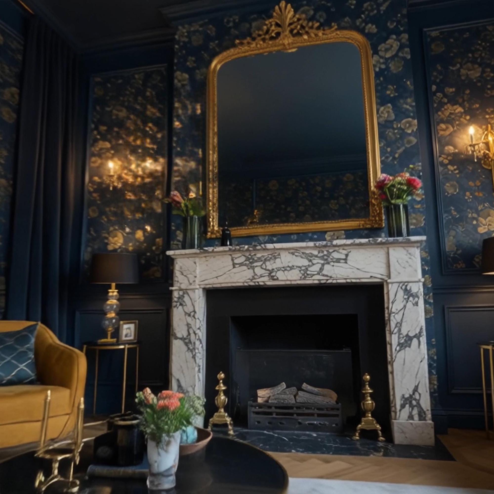 A bold Calacatta Viola marble fireplace makes a stunning centerpiece in a richly styled classic living room