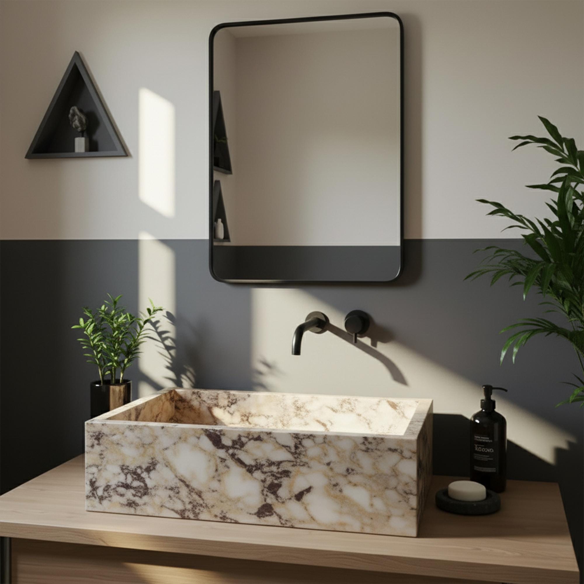 Rectangular hand-carved bathroom sink in Calacatta Amber Viola marble with black wall-mounted faucet and wooden vanity