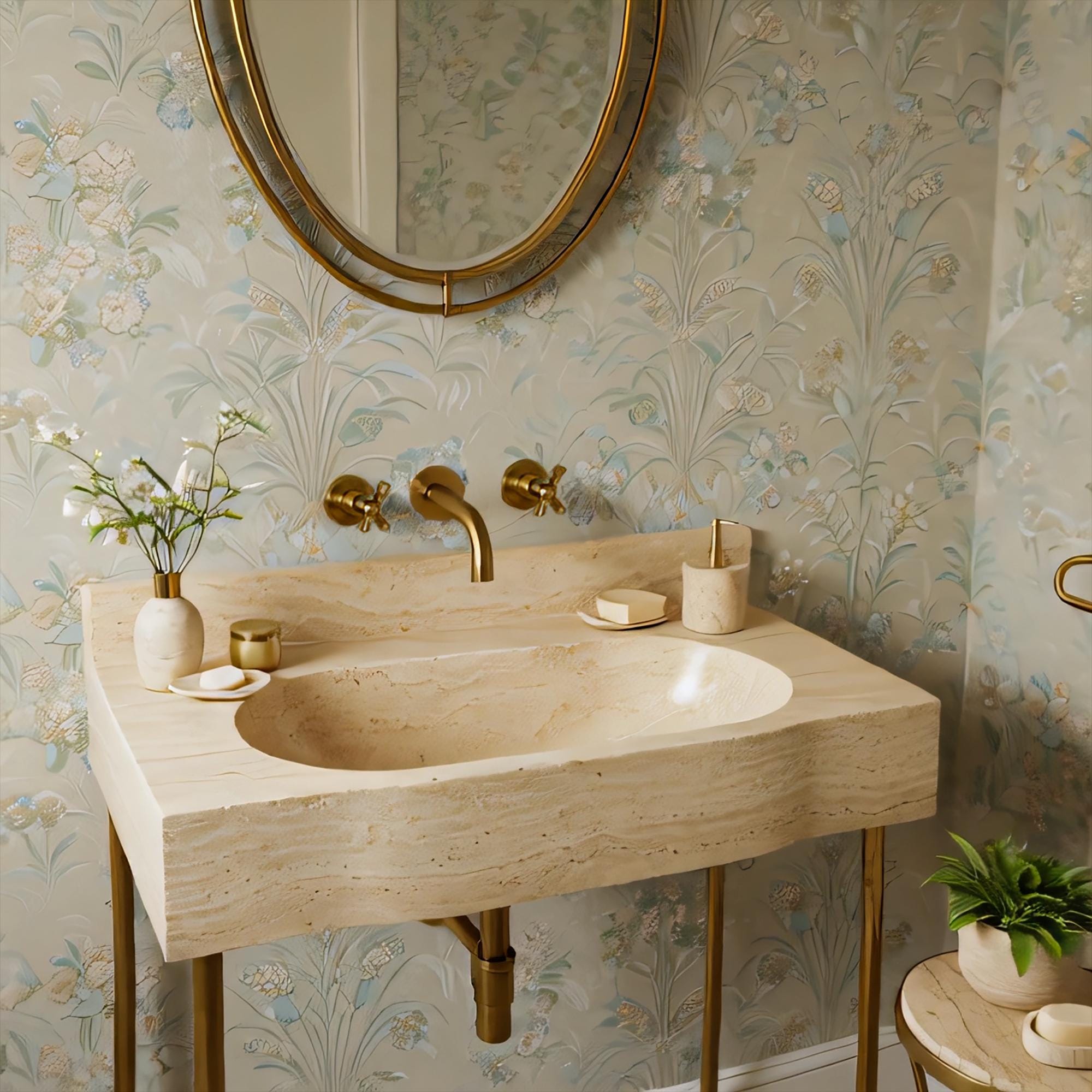 Elegant wall-mounted bathroom console with honed travertine marble and minimal brass support structure