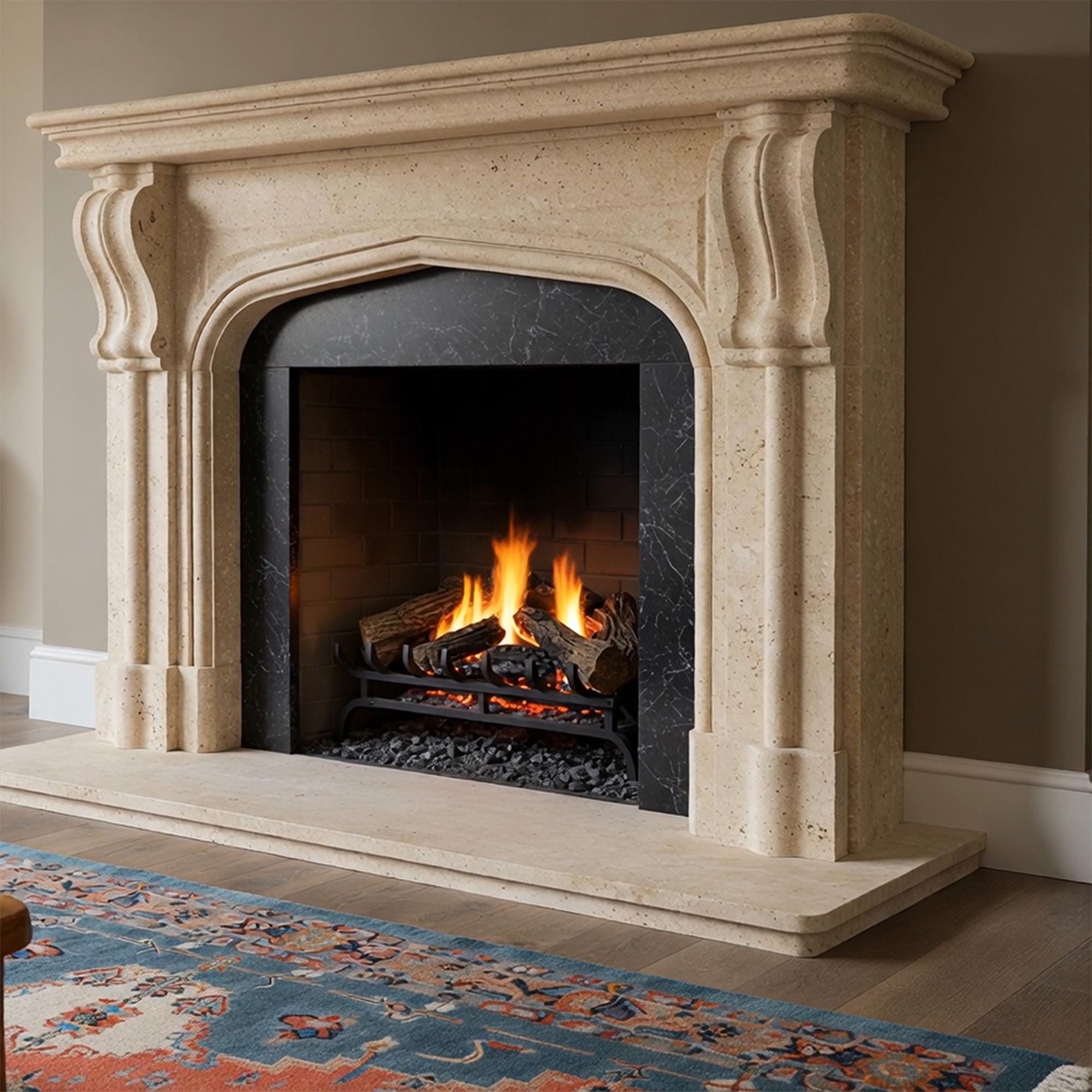 Elegant stone fireplace with arched beige marble mantelpiece and traditional craftsmanship