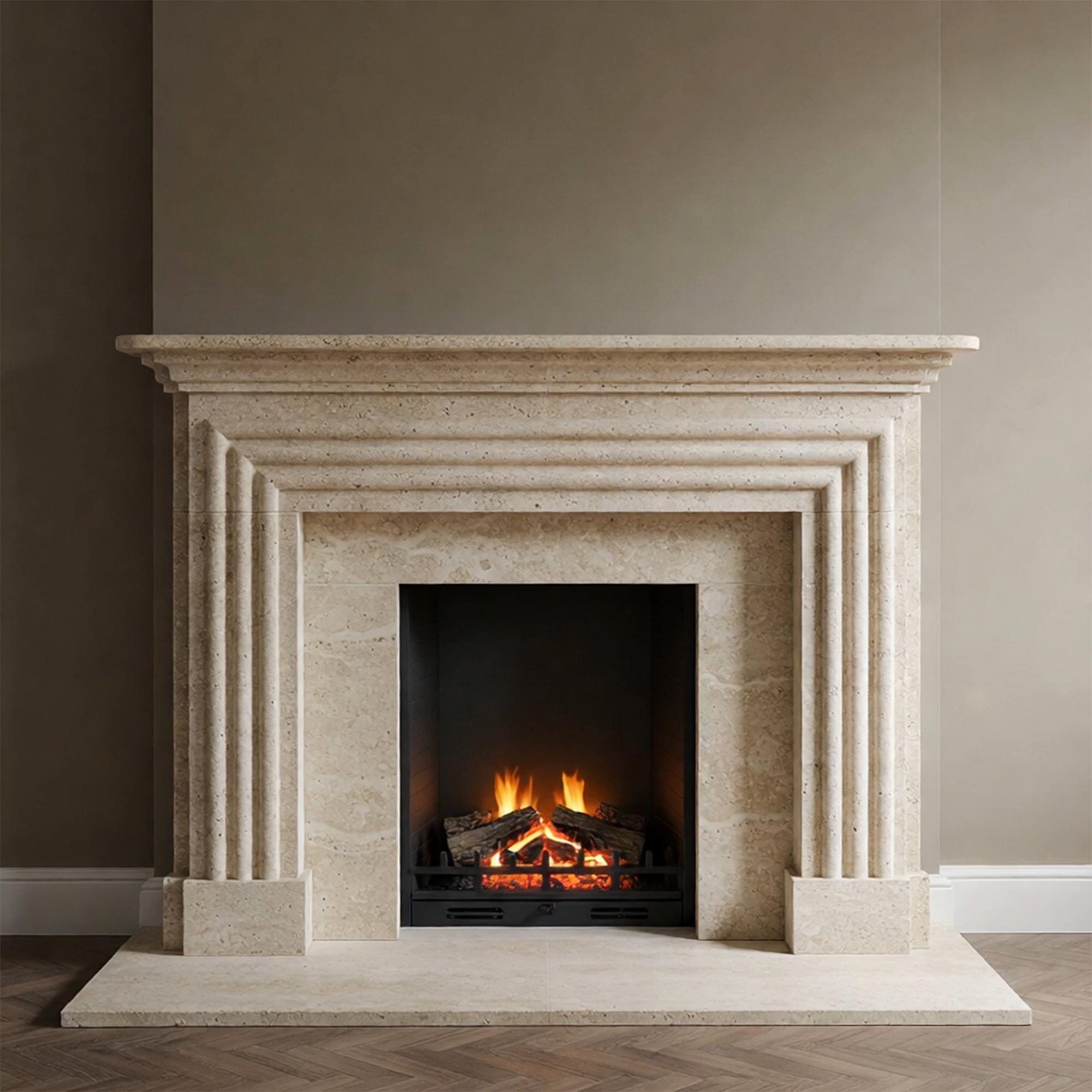 Layered stone mantel with fluted columns, crafted from premium beige marble in a modern style