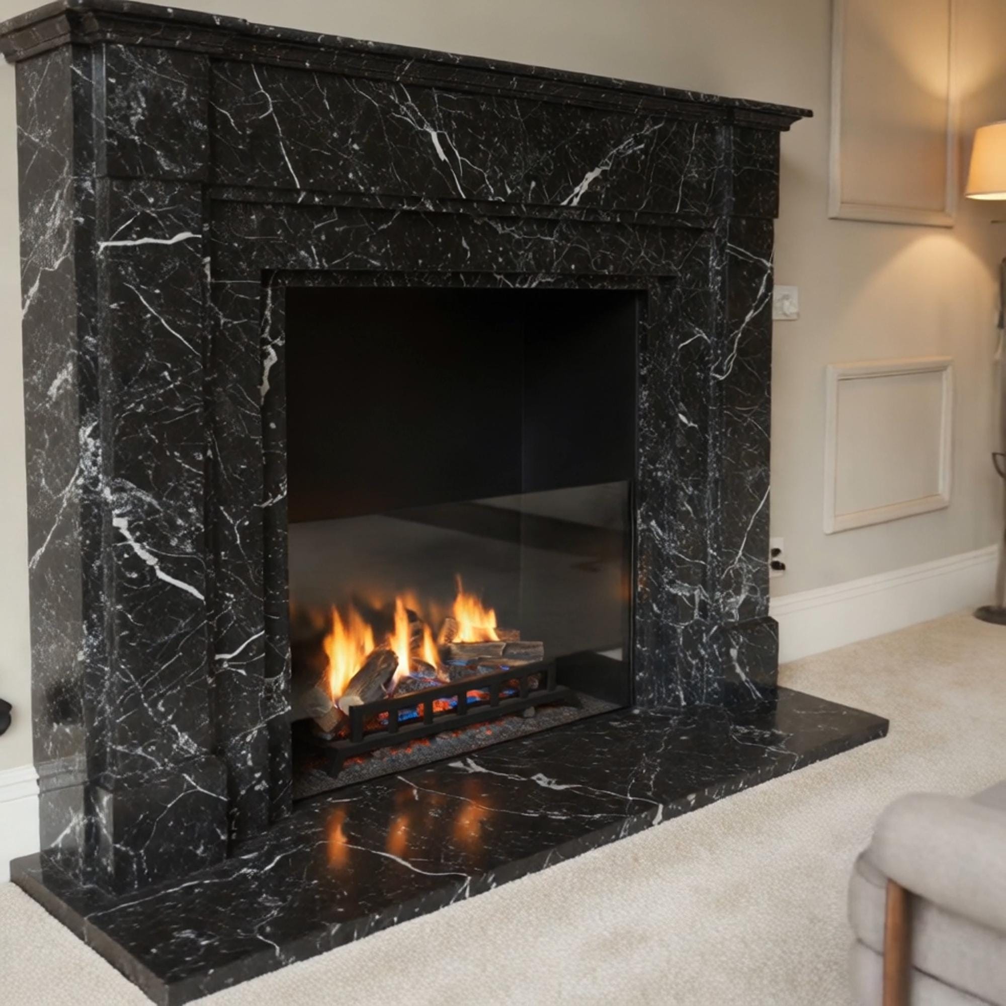 Handcrafted timeless fireplace mantel in polished black marble with white veining and a smooth finish