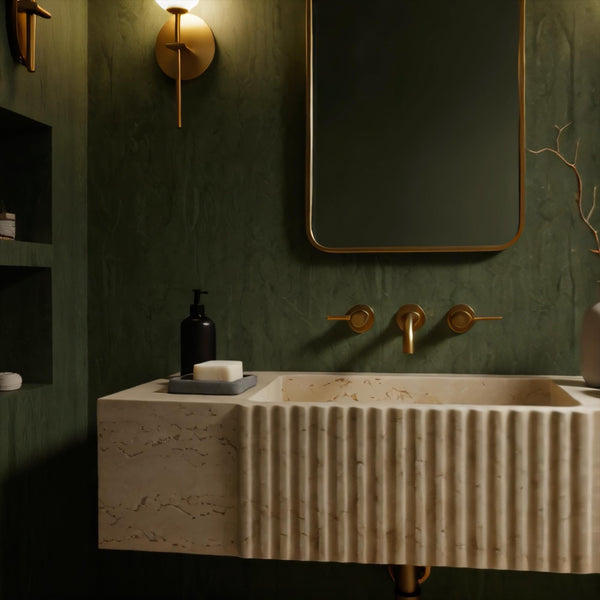 Hand-Carved Fluted Travertine Floating Sink (Wall-Mounted Natural Stone Console Vanity) M7S015 hover