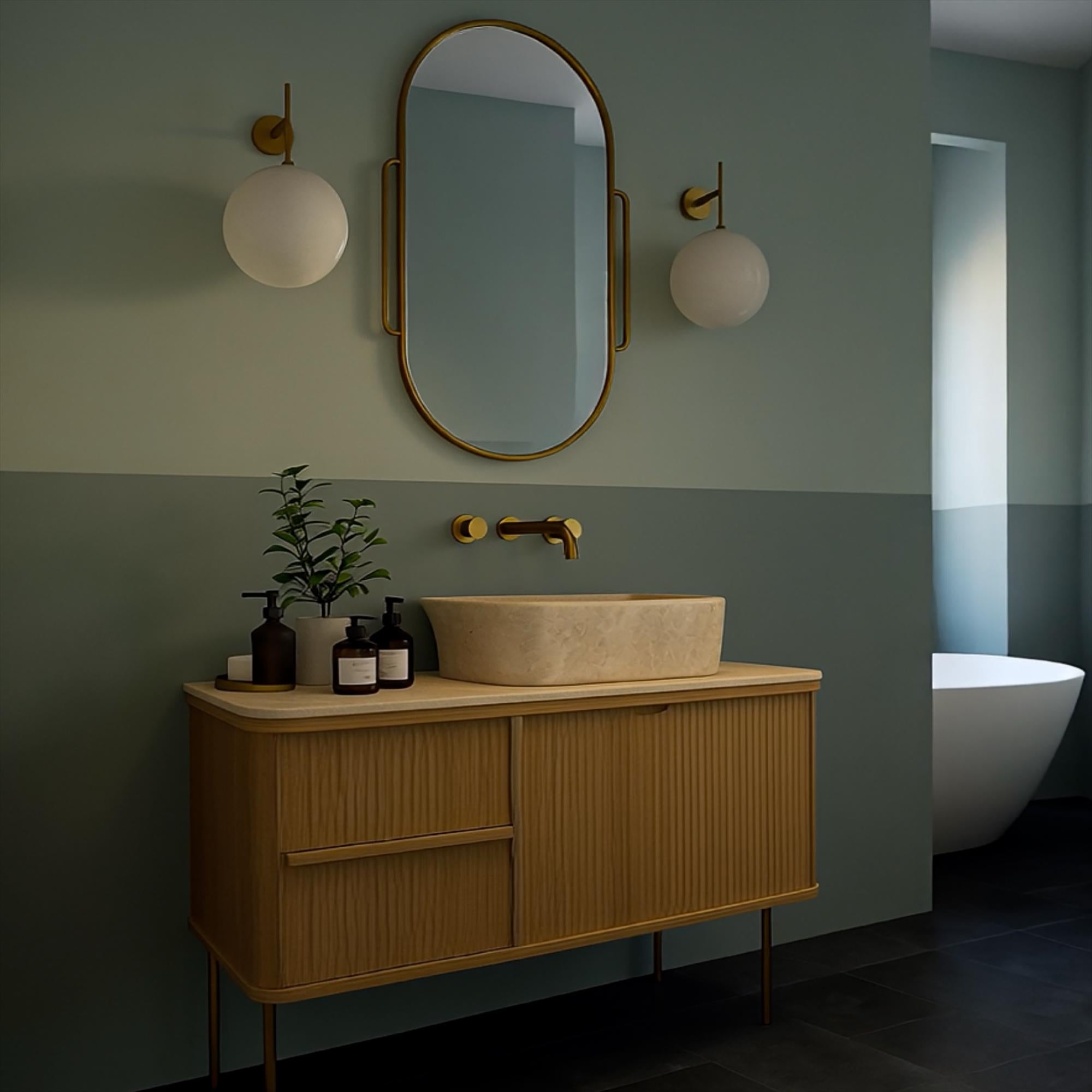 Minimalist travertine vessel basin atop fluted wood vanity with open storage