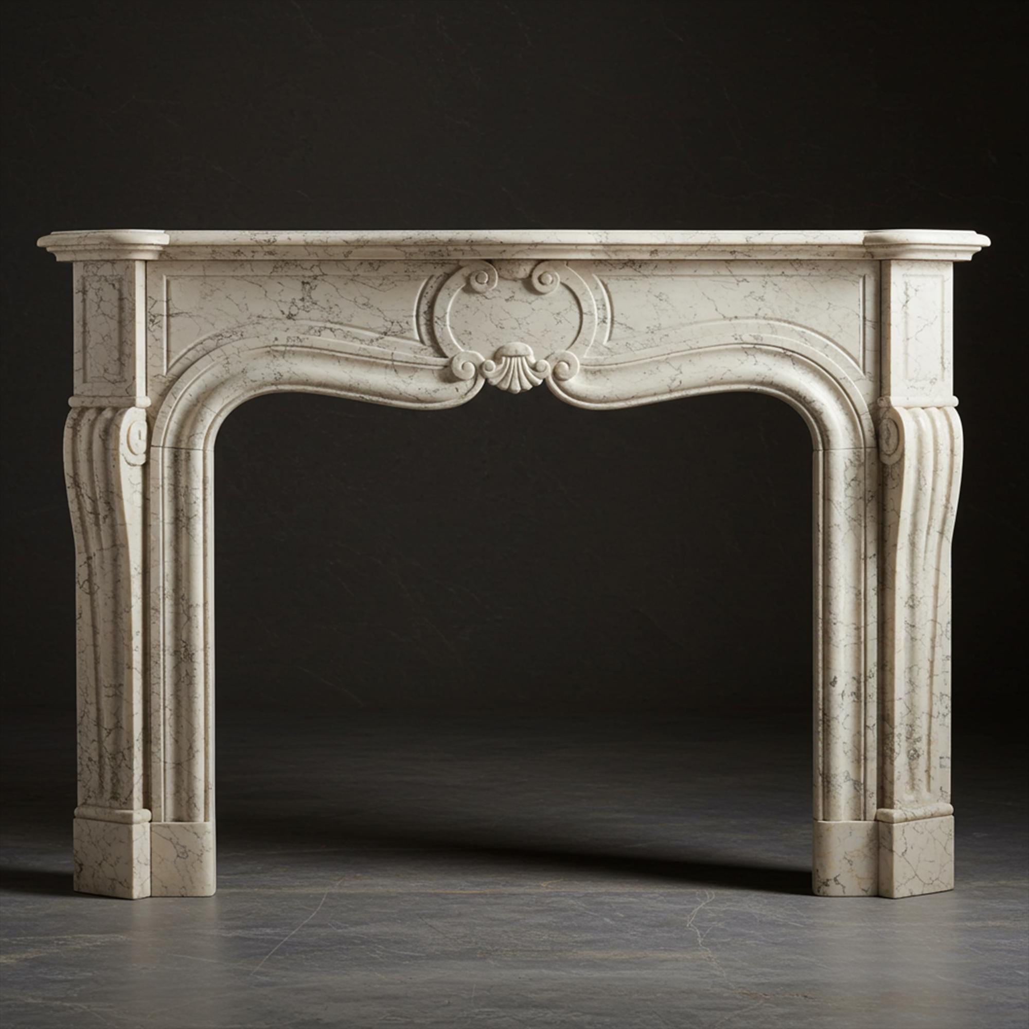 Ornate cream marble fireplace mantel with shell motif and baroque-style handcrafted stonework