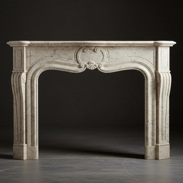 Versailles Cream Marble Fireplace Mantel (Handcrafted Shell Motif Stone Surround) M7S019