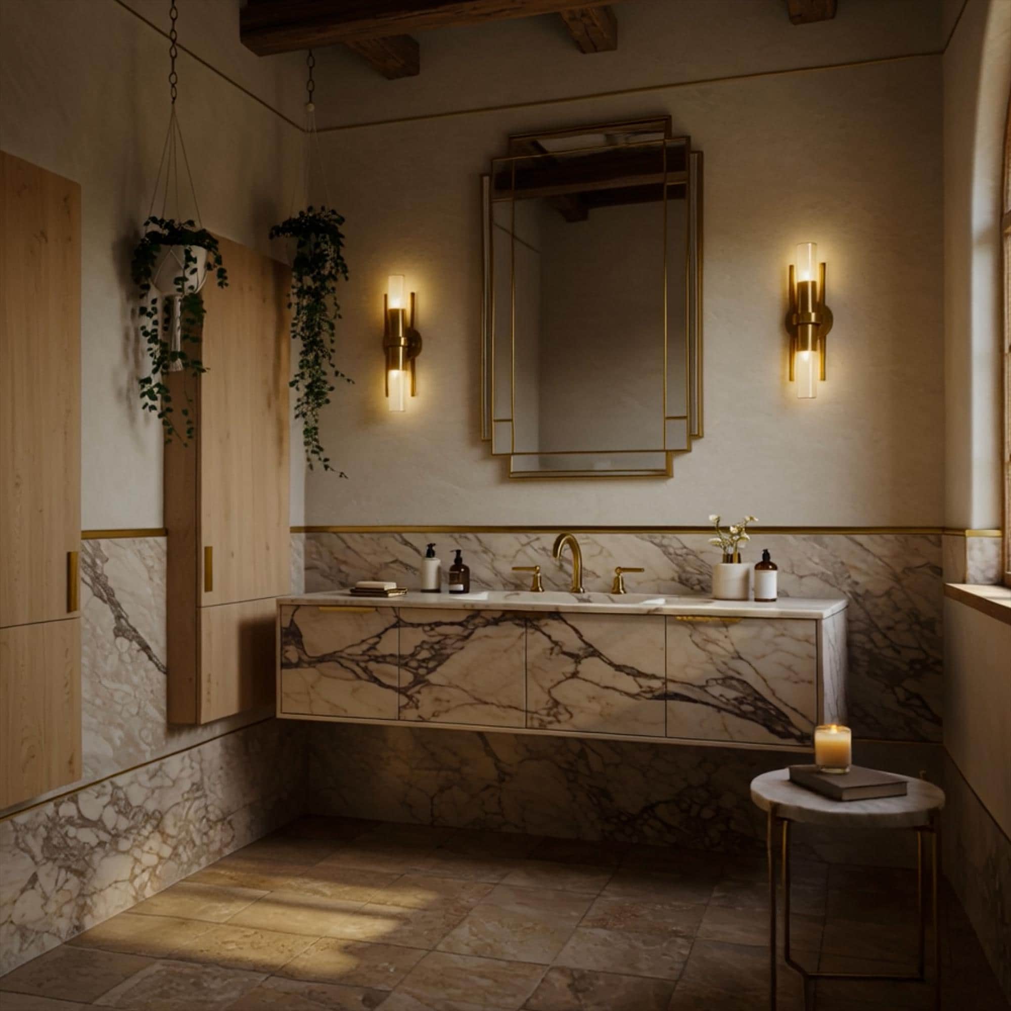 Elegant wall-mounted vanity with seamless marble sink and integrated drawer design