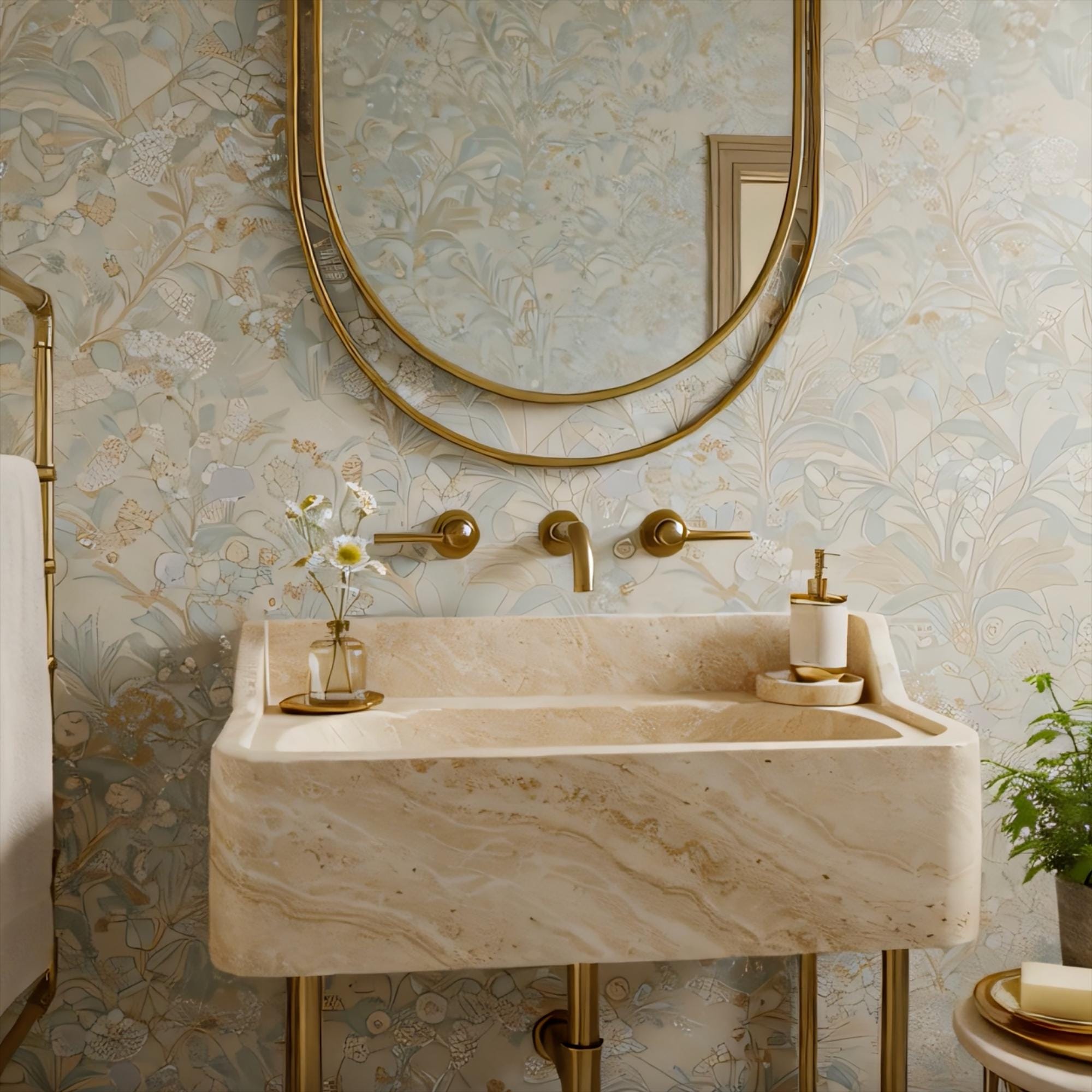 Minimalist wall-mounted sink in warm beige travertine, featuring a seamless basin and brass fittings