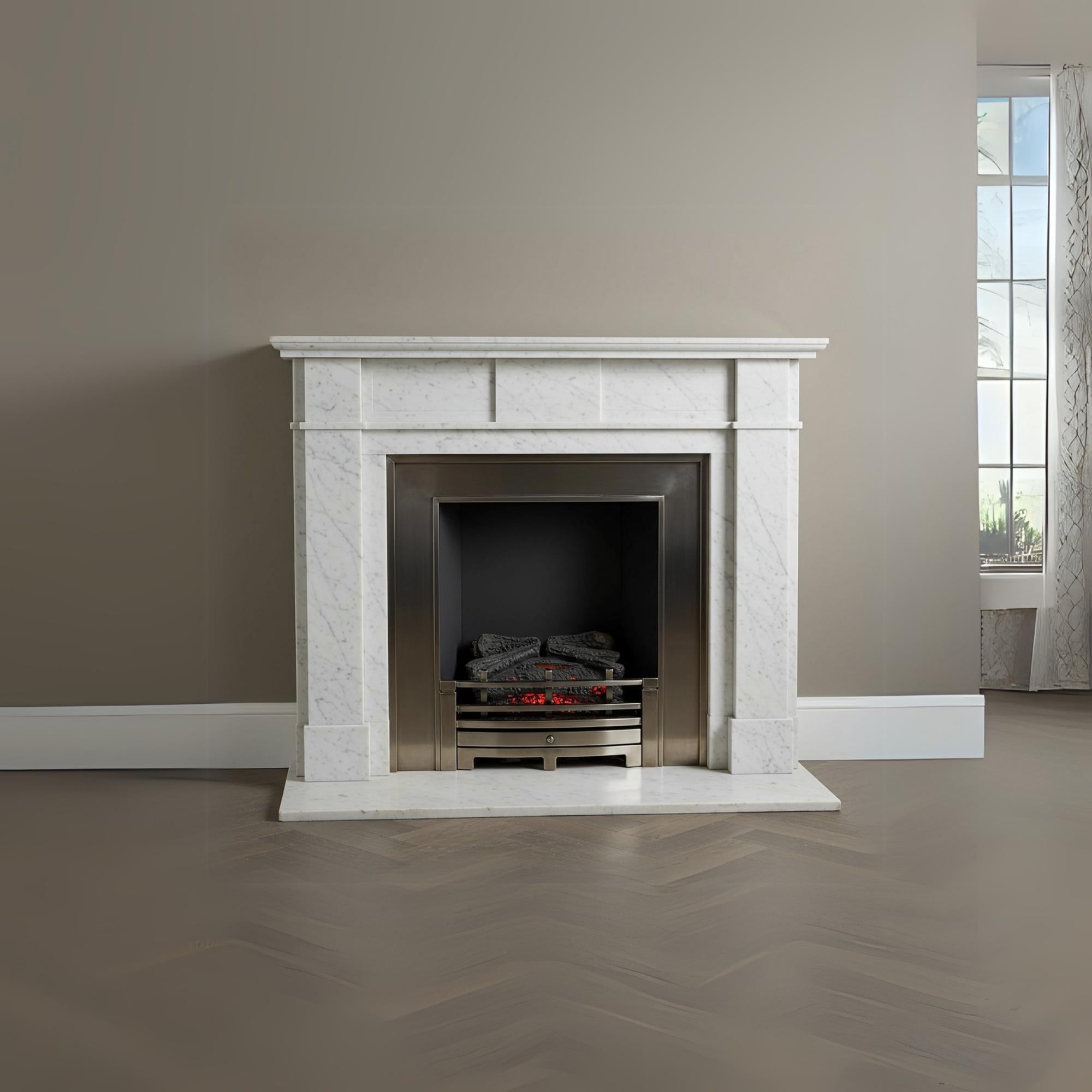Custom fireplace surround made from elegant white Carrara marble with timeless design