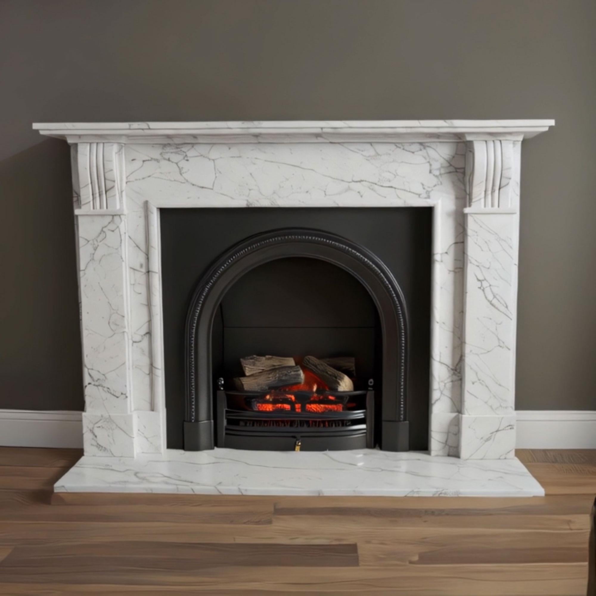 Traditional white marble fireplace mantel with carved fluted legs and a black arched firebox insert
