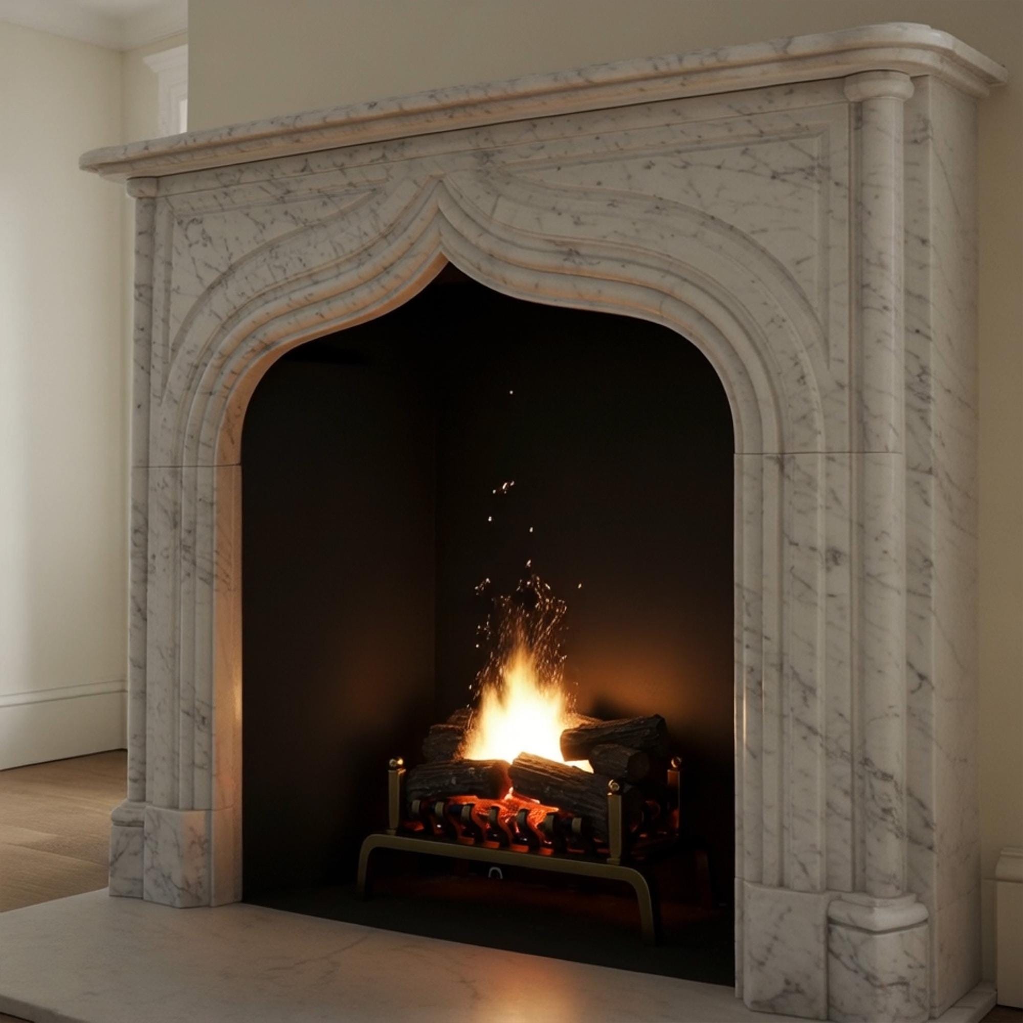 Sophisticated French Gothic style fireplace made from polished white marble with arched contours