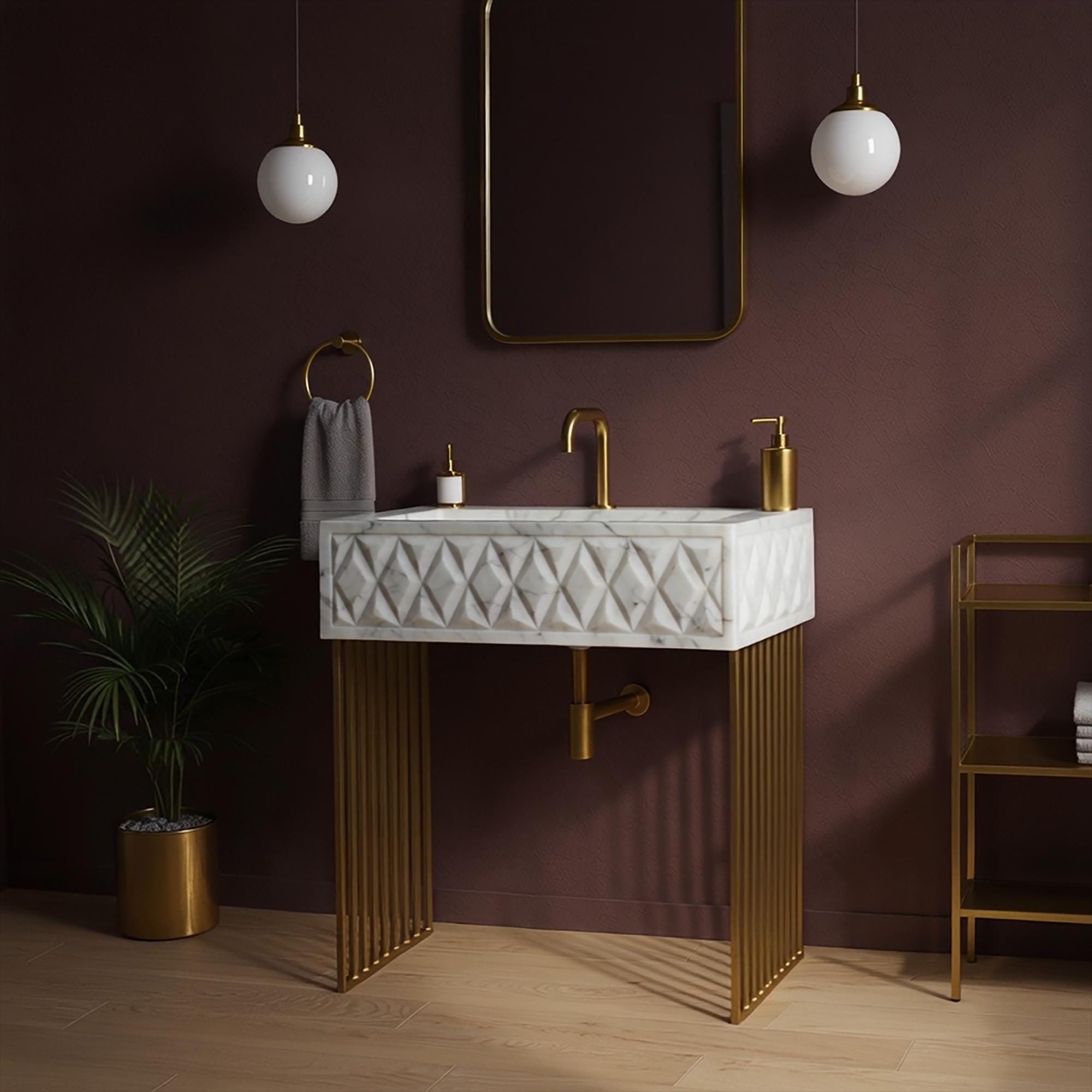 Contemporary bathroom sink made of hand-carved white marble with diamond pattern and sleek golden legs