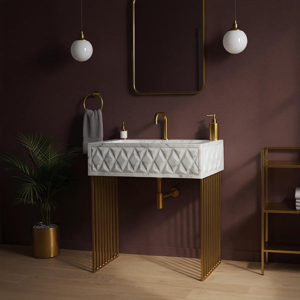 Hand-Carved Carrara Marble Faceted Console Sink (Geometric Floating Vanity with Gold Stand) M7M27 hover