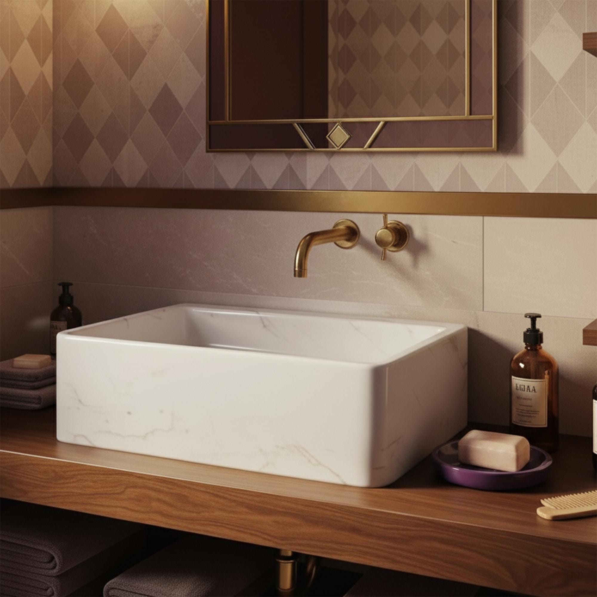 Modern white marble bathroom sink with soft edges, set on a rich wood floating vanity with brass fixtures